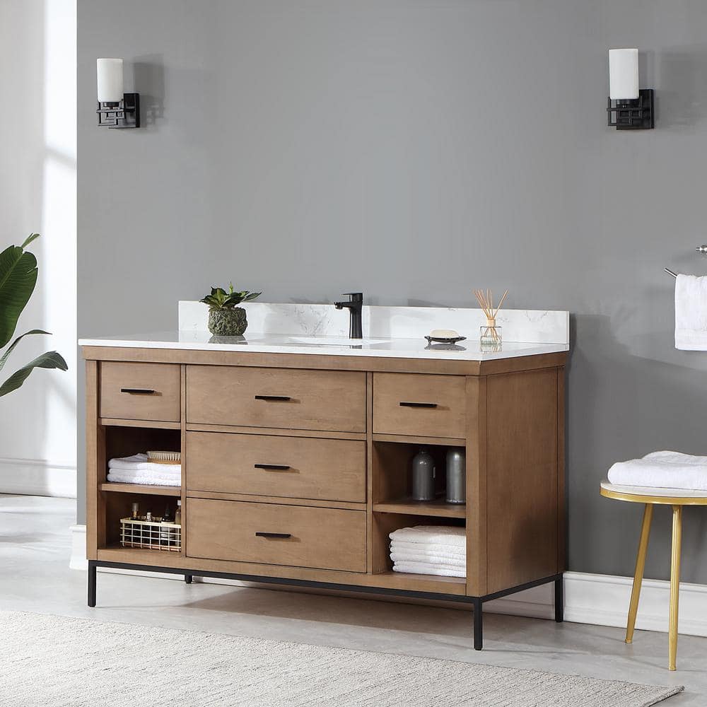Kesia 60" Brown Pine Vanity with White Stone Countertop