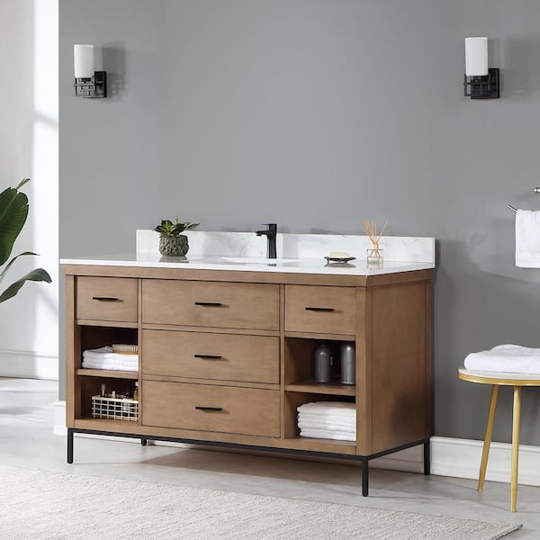 Kesia 60 in. W x 22 in. D x 34 in. H Bath Vanity in Brown Pine with Carrara White Composite Stone Top