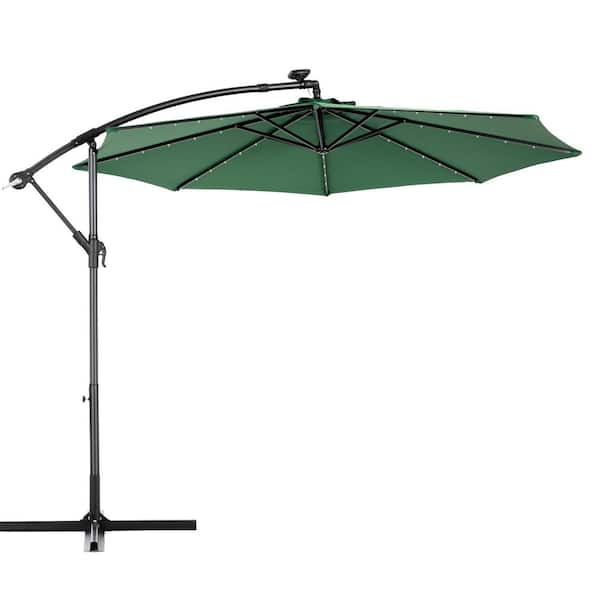 Otryad 9.67 ft. Steel Market Outdoor Patio Umbrella with 40 lights, Solar LED Offset Hanging Umbrella (No Base) in Dark Green