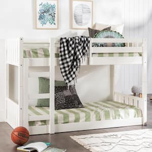 White Solid Wood Modern Twin Bunk Bed with Integrated Ladder