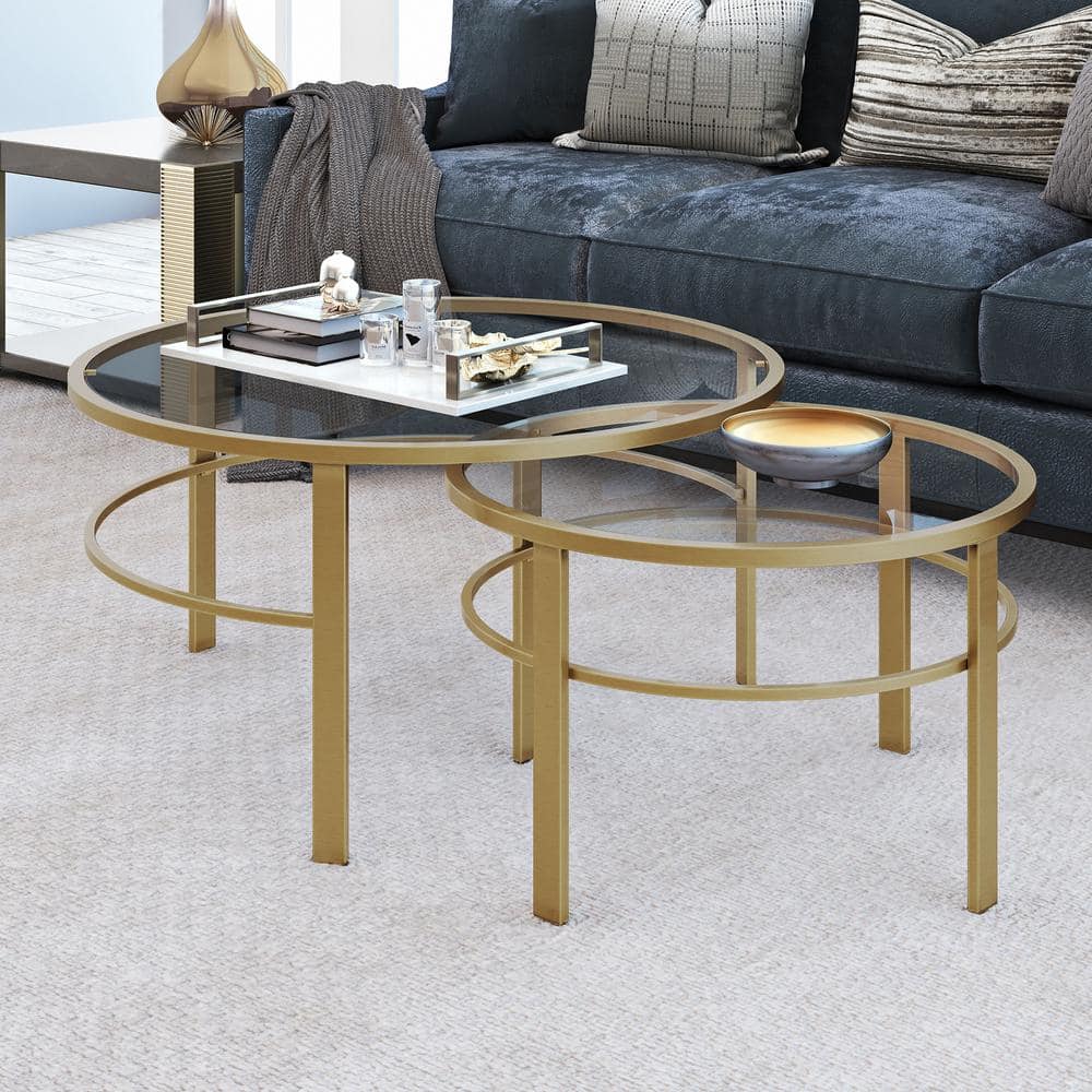 Gaia Brass Round Nesting Coffee Table Set with Tempered Glass Tops
