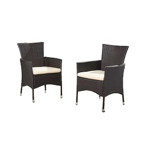 2-Piece Outdoor Brown PE Wicker Dining Chair Set with Beige Cushions