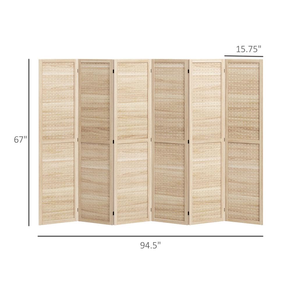 Natural Wood 6-Panel Folding Room Divider with Hook Holes