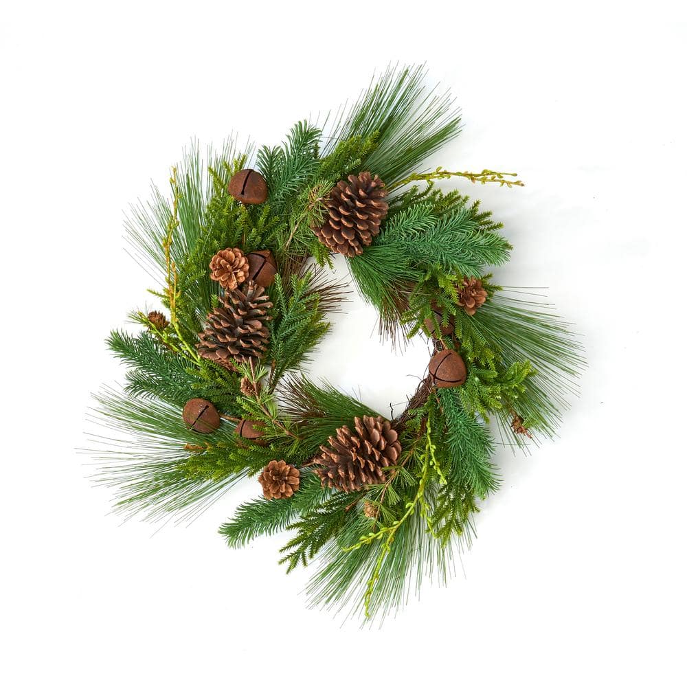 22 in. Pine Needle Artificial Christmas Wreath with Pine Cone Rusty Bell