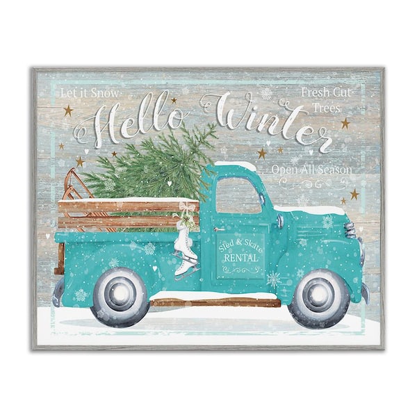 Stupell Industries Rustic Hello Winter Truck by Karen Tye Bentley 1-Piece Framed Graphic Print Travel Poster Art Print 14 in. x 11 in.