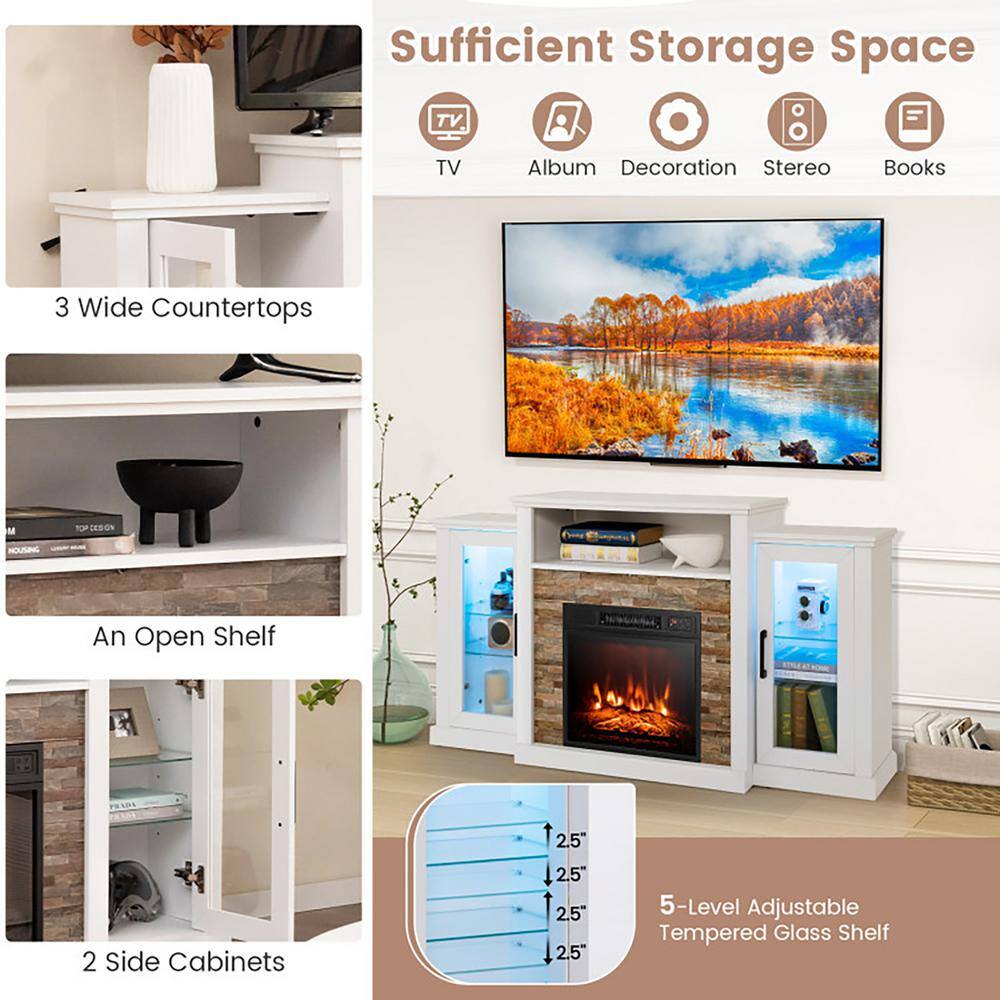 White MDF Fireplace TV Stand with LED Lights and Cabinets