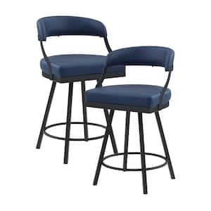 Brassica 26.5 in. Black Finish Metal Swivel Counter Height Chair with Blue Faux Leather Seat (Set of 2)