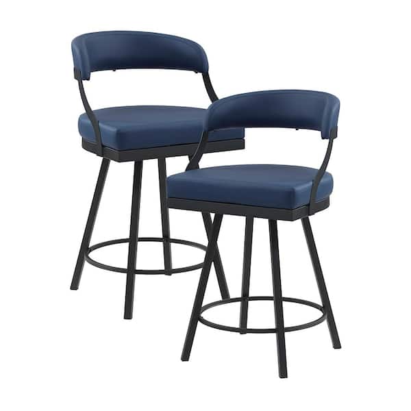 Lazzara Brassica 26.5 in. Black Finish Metal Swivel Counter Height Chair with Blue Faux Leather Seat (Set of 2)
