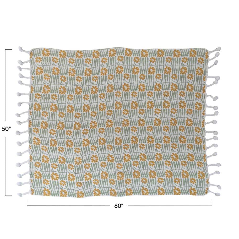 Sage and Mustard Floral Cotton Blend Throw with Pompom Tassels