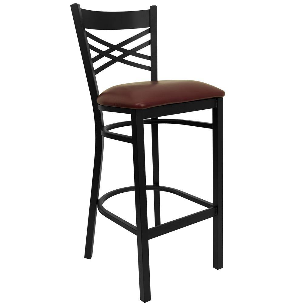Cross-Back Black Metal Barstool with Burgundy Vinyl Seat