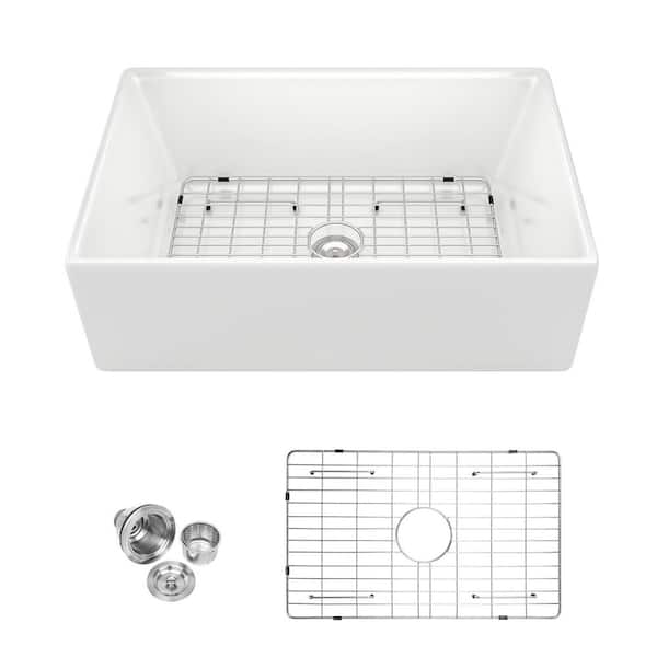 30 in. Fireclay Undermount Sink Single Bowls Glossy White Kitchen Sink with Drain Assembly and Bottom Grid
