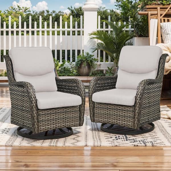 Opohoro Crescent Gray Wicker Outdoor Rocking Chair Patio Swivel Chairs with CushionGuard Beige Cushions (2-Pack)