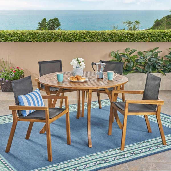 Noble House Lockett 30 in. Teak Brown 5-Piece Wood Round Patio Outdoor Dining Set