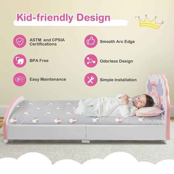 Costway White Kids Upholstered Platform Bed Children Twin