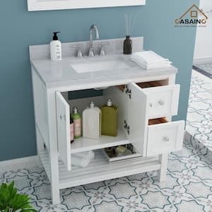 36 in. W x 22 in. D x 35.4 in. H Single Sink Solid Wood Bath Vanity in White with Carrara White Marble Top and Basin