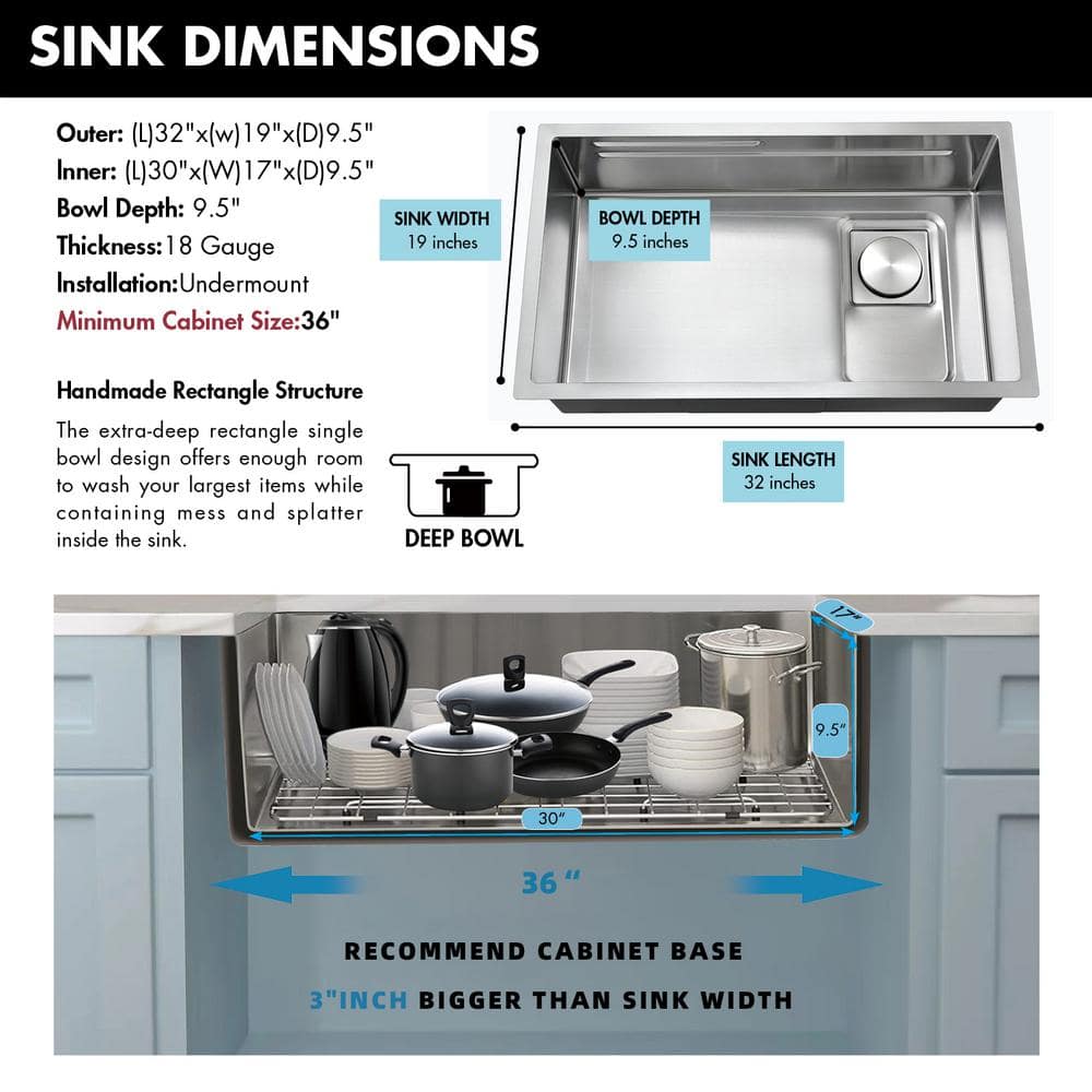 Akicon AK-U3219WS 32'' L Undermount Single Bowl Stainless Steel Kitchen Sink