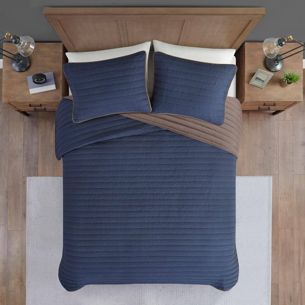 Navy and Brown King Microfiber Reversible Quilt Set