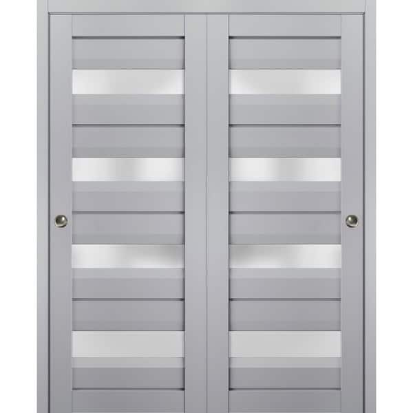 36 in. x 96 in. 2 Panel Matte Grey Finished Solid Wood Sliding Door with Hardware