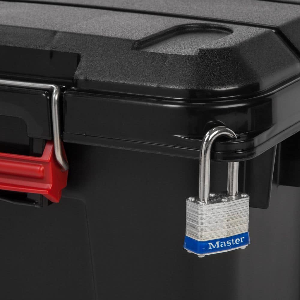 Heavy Duty Black Plastic Stackable Storage Totes with Lids, 82 Quart, Set of 4