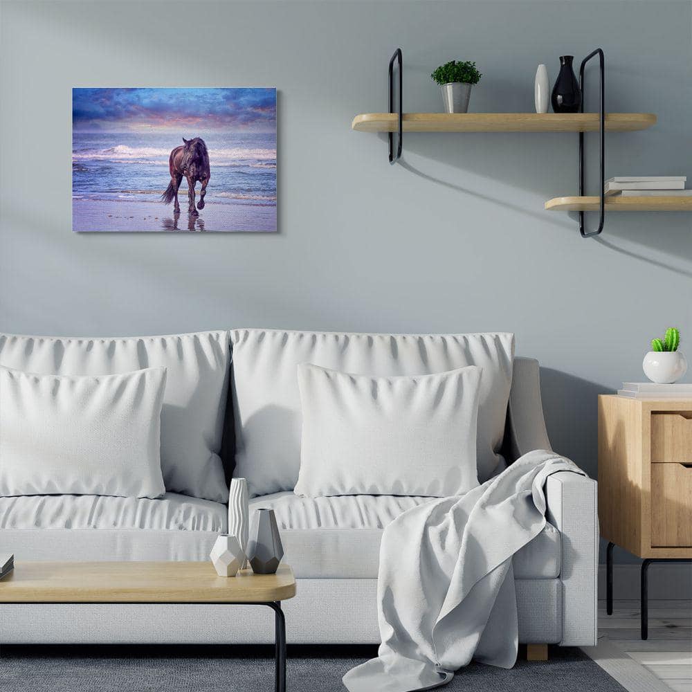 Wild Horse on Beach Colorful Blue Sunset Canvas Wall Art, 24 x 30