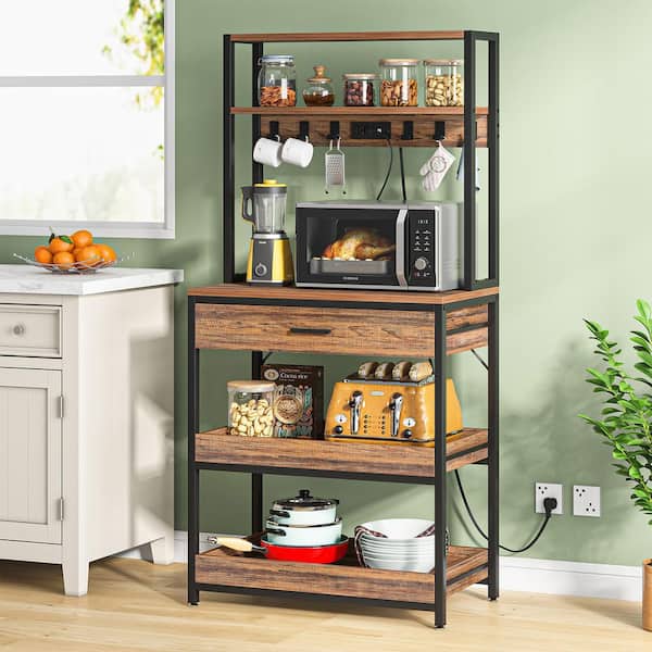 TRIBESIGNS WAY TO ORIGIN Bachel Vintage Brown Baker's Rack with Power & USB Outlets, 5-Tier Microwave Oven Stand with Drawer and Sliding Shelves