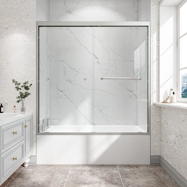 55 to 60 in. W x 60 in. H Sliding Framed Tub Door in Brushed Nickel with Clear Tempered Glass