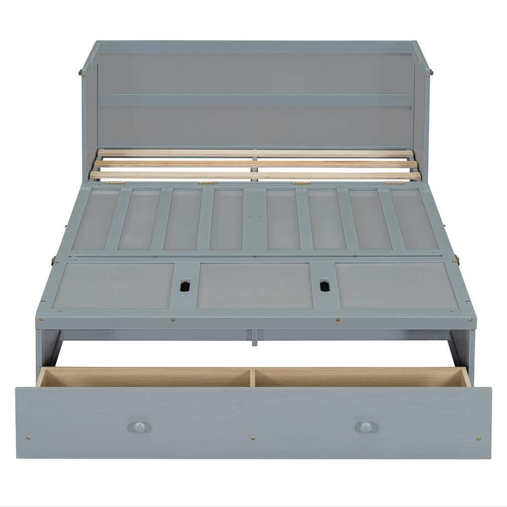 Gray Pine Full Size Murphy Bed with Large Drawer and USB Ports