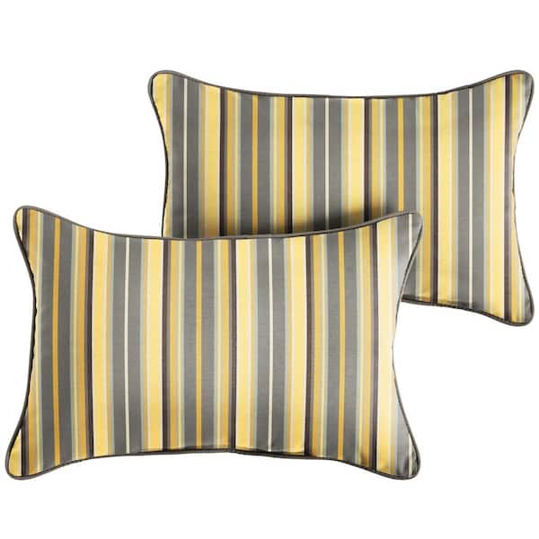 SORRA HOME Sunbrella Yellow Grey Stripe and Grey Rectangular Outdoor Corded Lumbar Pillows (2-Pack)