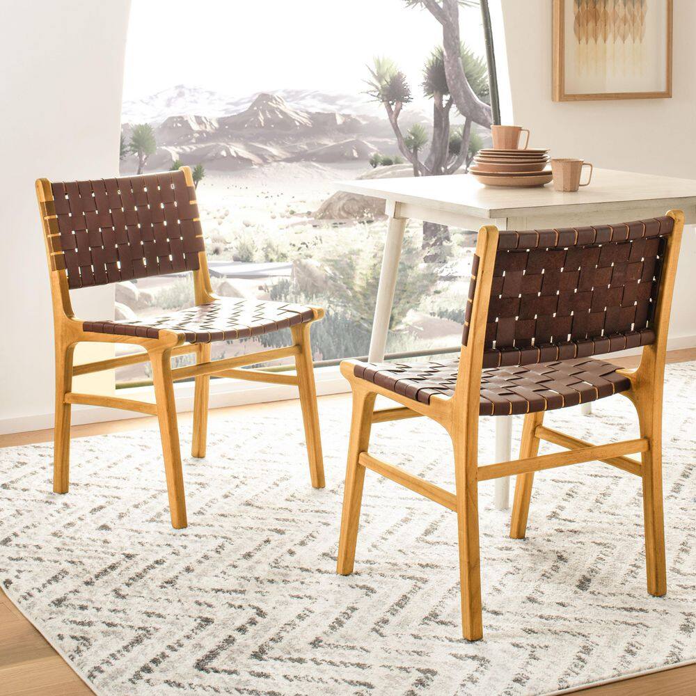 Cognac and Natural Woven Leather Side Chairs, Set of 2
