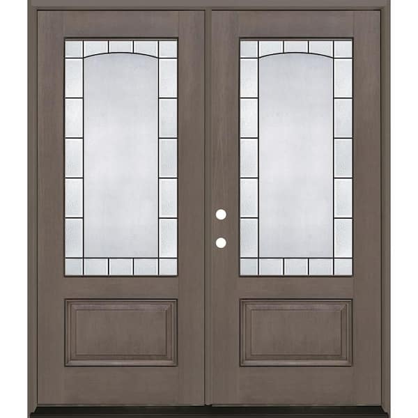 Regency 72 in. x 80 in. 3/4L Empire Decorative Glass RHIS Ashwood Fiberglass Double Prehung Front Door with 6-9/16 Jamb