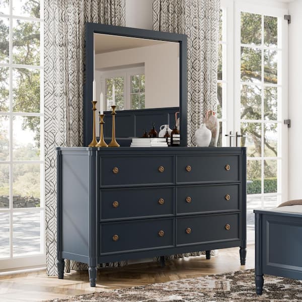 Furniture of America Whitfield Modern French Blue 6-Drawer 62 in. Dresser With Mirror and Cedarwood-Lined Bottom Drawers