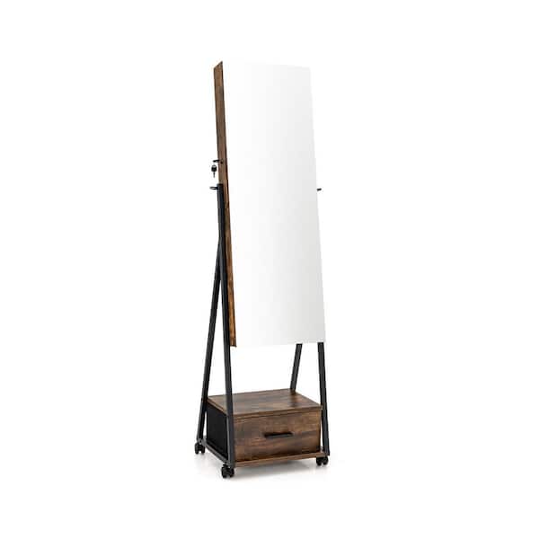 Brown Jewelry Cabinet Armoire Full Length Mirror Lockable with Bottom Drawer and Wheels