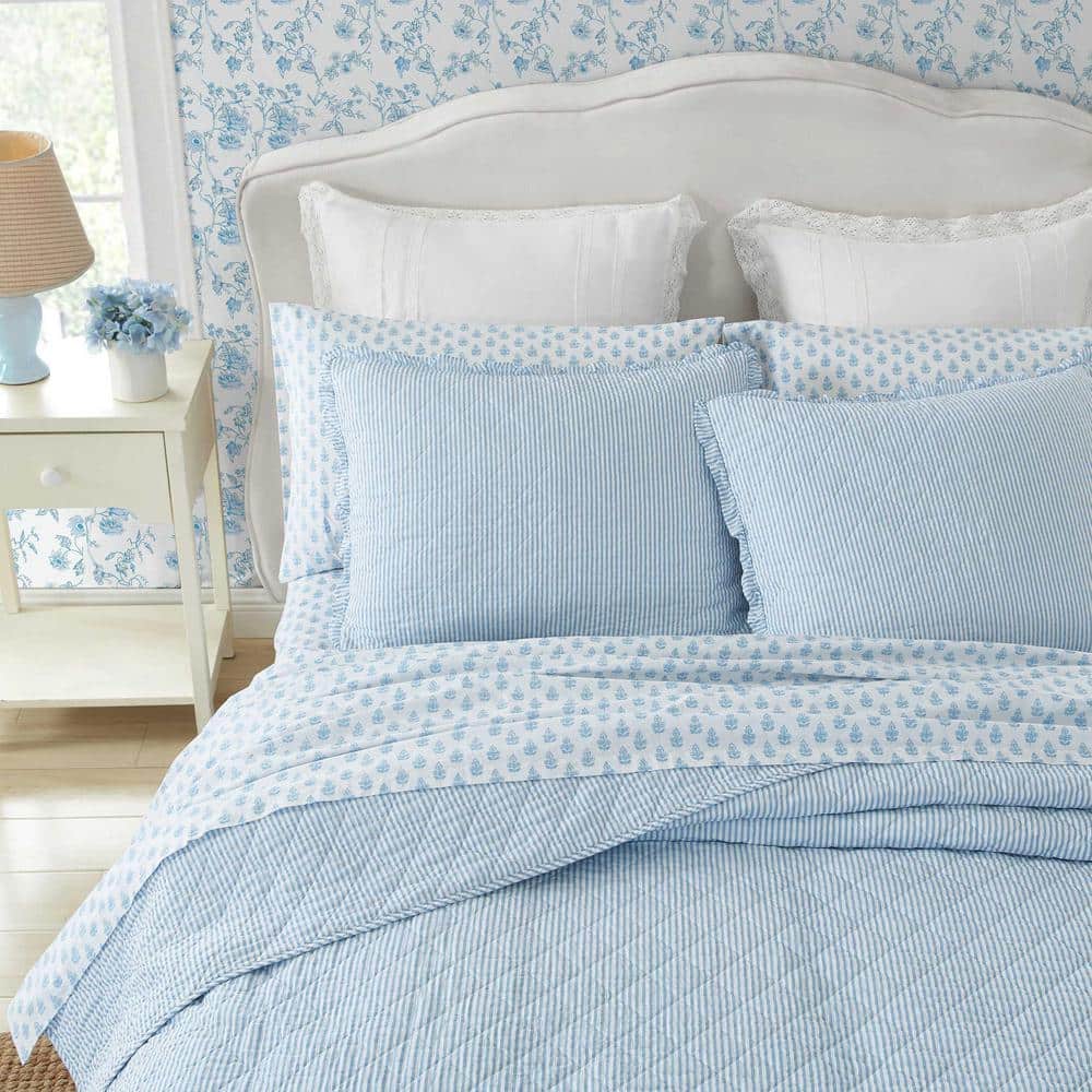 Laura Ashley Twin Blue Organic Cotton Reversible Quilt Set