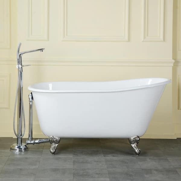 Heritage 54 Inch Cast Iron Clawfoot Tub and Shower Package - White / Chrome  Feet & Fixtures