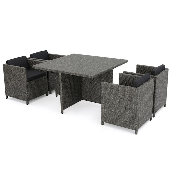 Noble House Puerta Grey 5-Piece Faux Rattan Square Outdoor Dining Set with Black Cushions