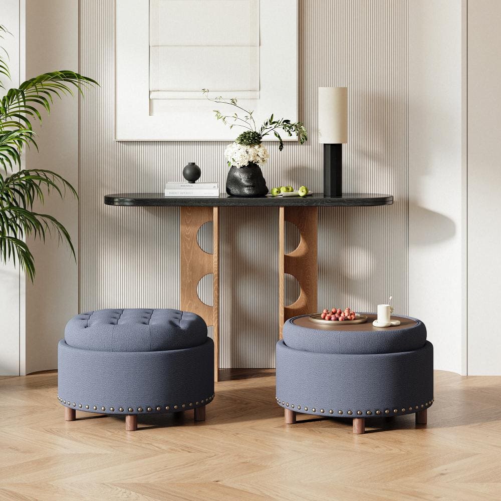 25" Round Upholstered Storage Ottoman with Tufted Cushion and Hidden Storage Compartment(Set of 2)
