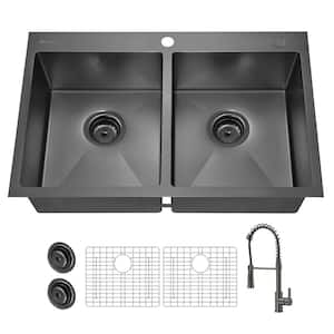 33 in. Drop-in Mount Double Bowl 18 Gauge Gunmetal Black Stainless Steel Kitchen Sink with Black Spring Neck Faucet