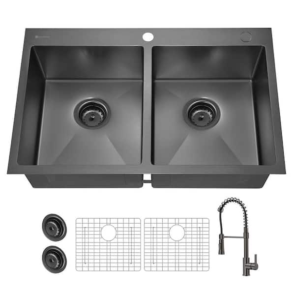 Glacier Bay 33 in. Drop-In Double Bowl 18 Gauge Gunmetal Black Stainless Steel Kitchen Sink with Black Spring Neck Faucet