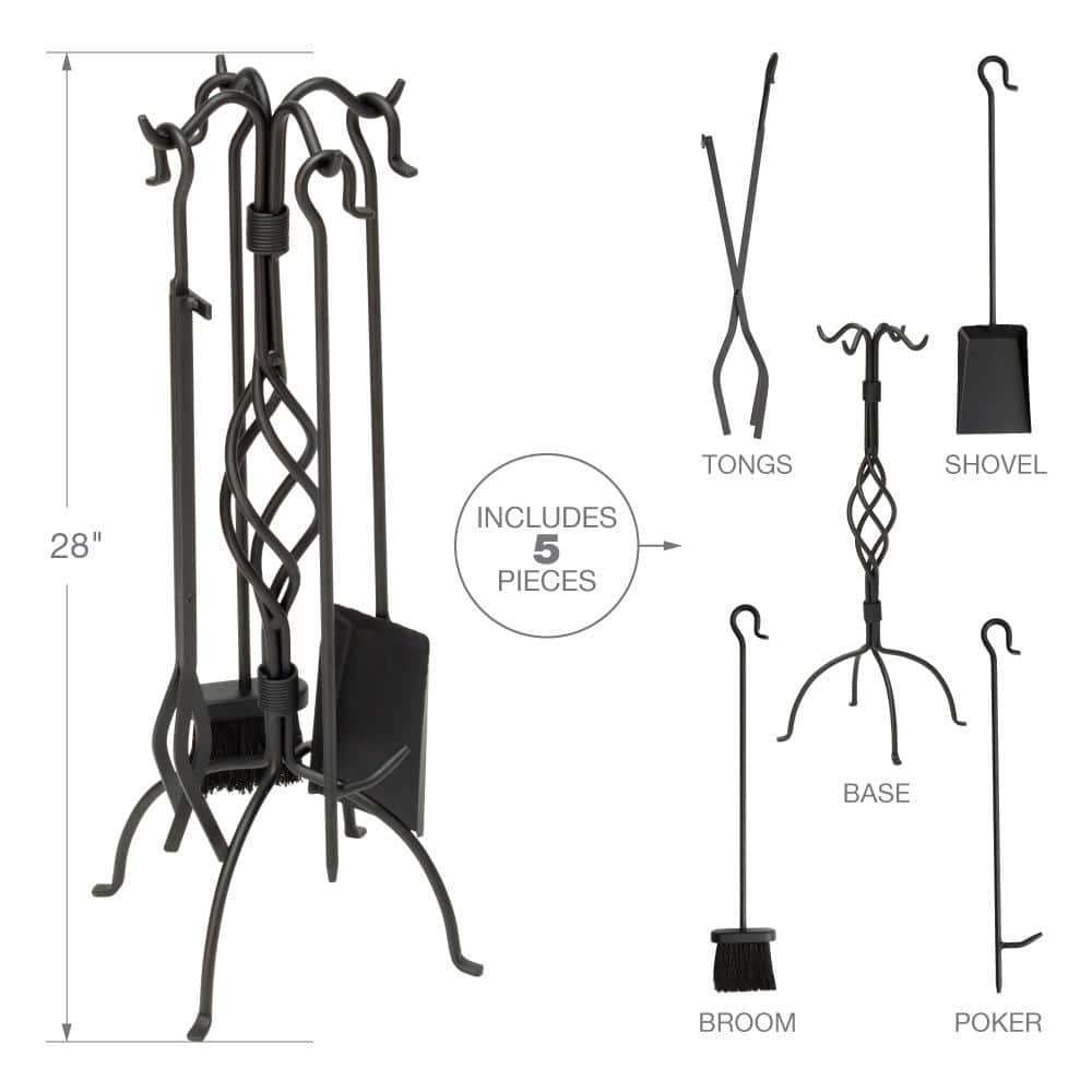 Black Wrought Iron 5-Piece Fireplace Tool Set with Center Weave