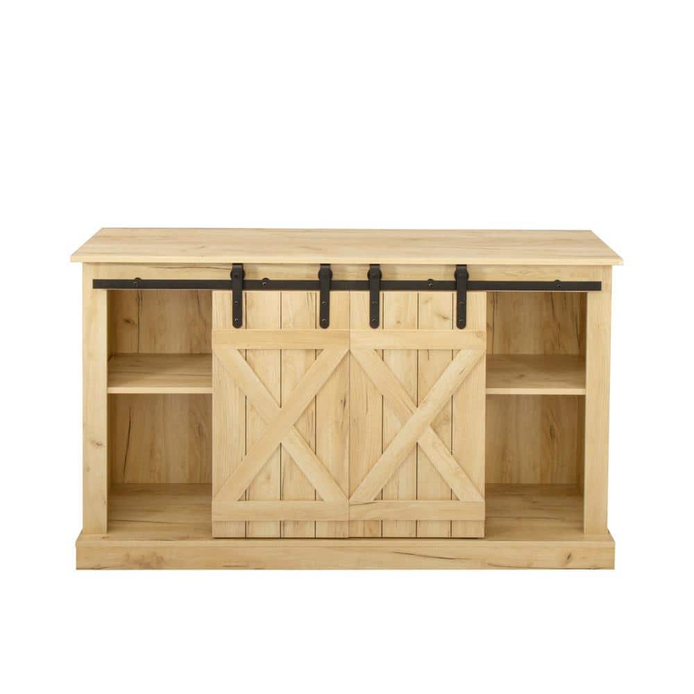 54 in. Light Brown Farmhouse Sliding Barn Door Ranch Rustic Style TV Stand 