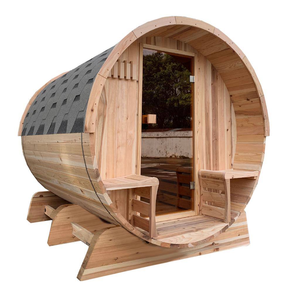 Aleko Person Outdoor Wet Dry Rustic Cedar Barrel Sauna With Panoramic View Bitumen Roofing