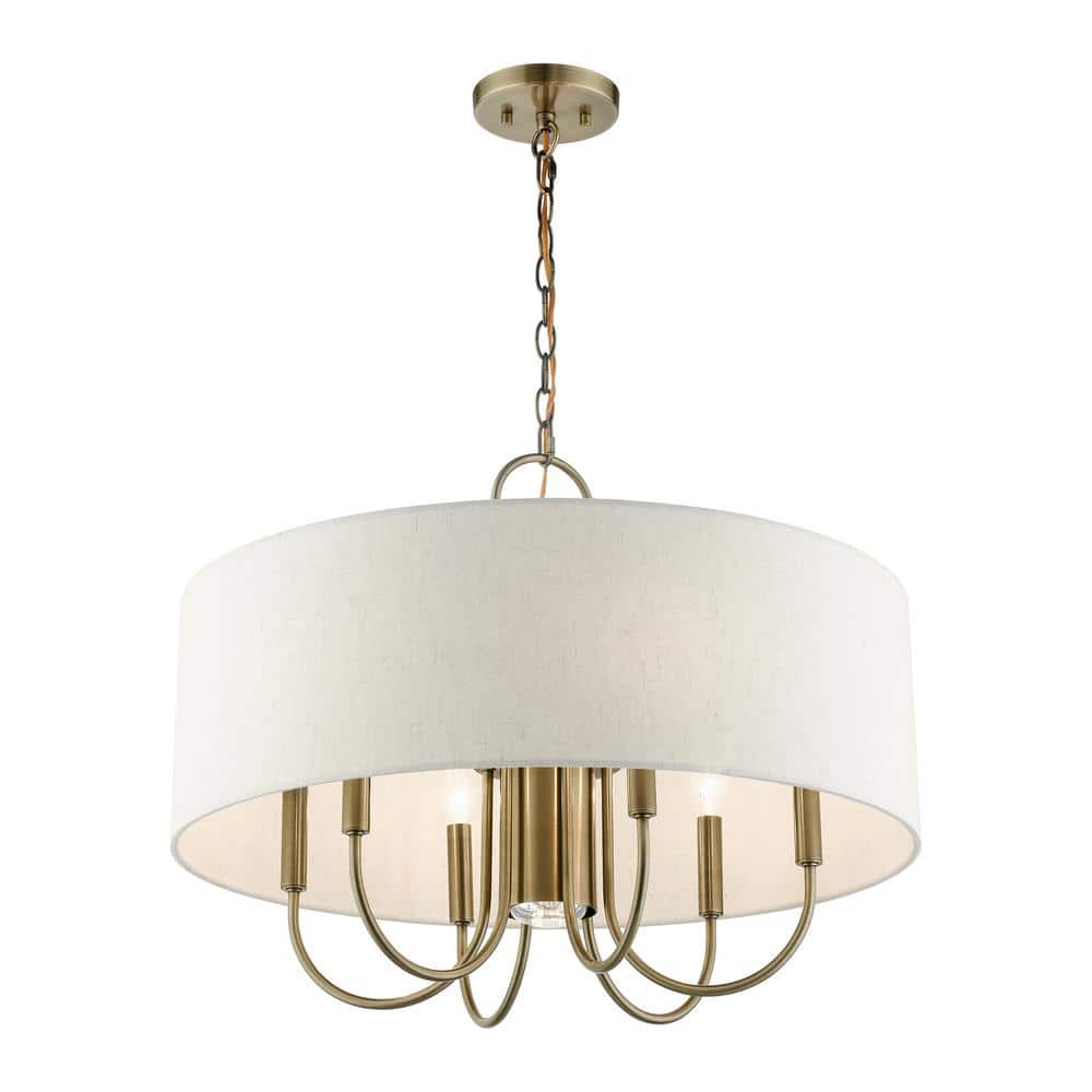 Blossom Antique Brass 7-Light Drum Chandelier with Oatmeal Shade