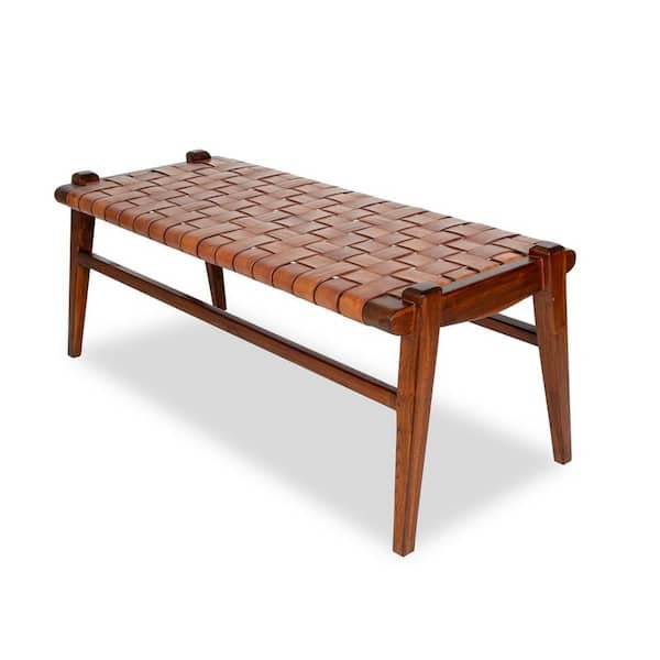 Baldwin Mid-Century Modern 44 in. Brown Woven Leather Accent Bench with Solid Wood Frame