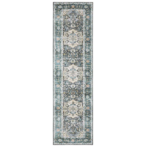 AVERLEY HOME Cascade Blue/Ivory 2 ft. x 8 ft. Traditional Medallion Polyester Machine Washable Indoor Runner Area Rug