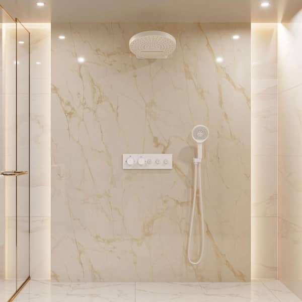 5-Spray 2.5 GPM 16 in. Round Wall Mount Fixed and Handheld Shower Head with Thermostatic Shower System in Matte White