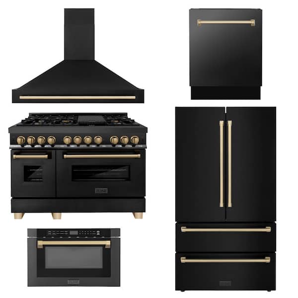 Autograph Edition Black Stainless and Champagne Bronze 5-Piece Kitchen Suite with 48 in. Range and 36 in. Fridge