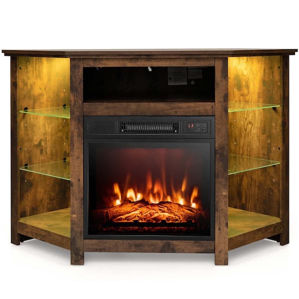 Costway Brown TV Stand Fits TV's up to 50 in. with Led Lights and 18 in. Electric Fireplace