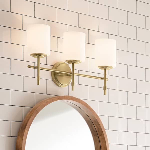 Ali 23.25 in. 3-Light Brushed Natural Brass Traditional Bathroom Vanity Light with Satin Etched Case Opal Glass Shades
