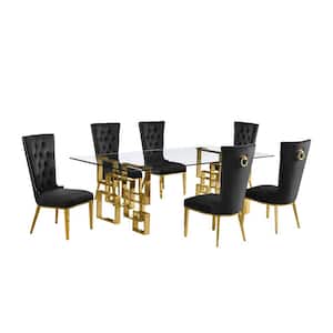 Dominga 7-Piece Rectangular Glass Top Gold Stainless Steel Dining Set with 6 Black Velvet Gold Stainless Steel Chair