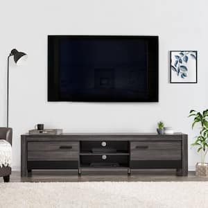 Joliet 79 in. Distressed Carbon Grey and Black Duotone Wood TV Stand Fits TVs Up to 90 in. with Storage Doors